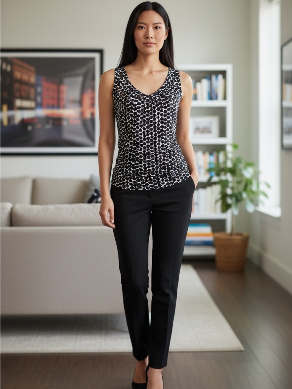 New York & Company Stretch Business Blouse Tank Top Black White Red  size small